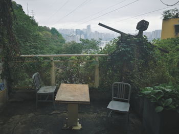 Chairs and plants in yard against building