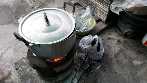 High angle view of food on barbecue grill