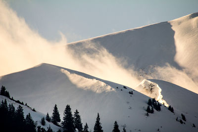 Panoramic view of snow covered mountains against sky