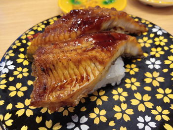 High angle view of meat in plate on table