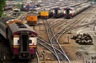 High angle view of railroad tracks in city