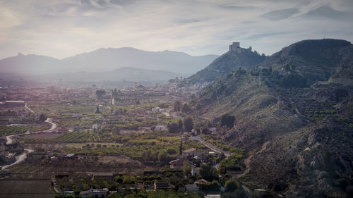 Aerial view of cityscape against cloudy sky