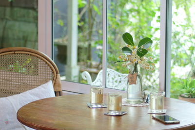 Potted plants on table by window at home