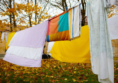 Clothes hanging from string during autumn