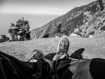 Low section of man by tree against sky