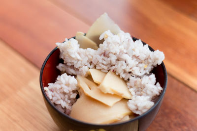 High angle view of food in bowl on table