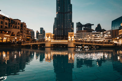 Reflection of buildings in swimming pool