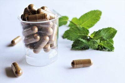 Close-up of food on table against white background