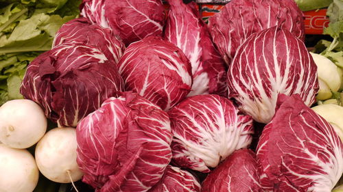 Close-up of red cabbages for sale at market