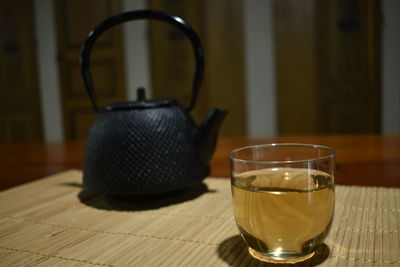 Close-up of tea in glass on table