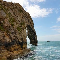 Rock formations by sea against sky