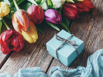 High angle view of tulips in vase on table