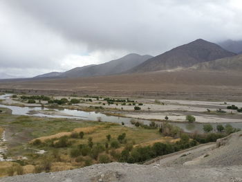Scenic view of mountains against cloudy sky
