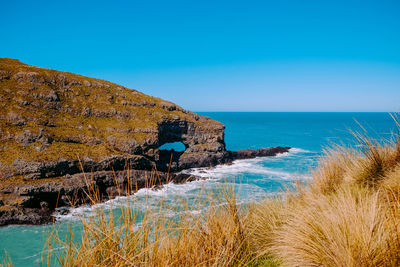 Scenic view of sea against clear blue sky