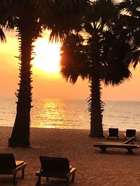 Chairs and tables at beach during sunset