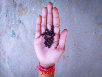High angle view of hand holding fruit