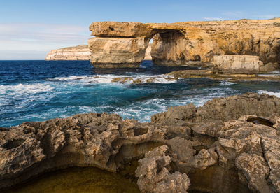 Azure window iconic natural rock arch over the sea at gozo island, malta. the arch collapsed in 2017