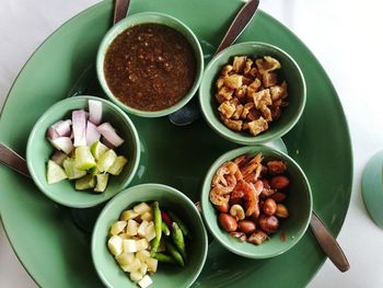 High angle view of salad in bowl on table