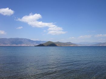 Scenic view of lake against cloudy sky