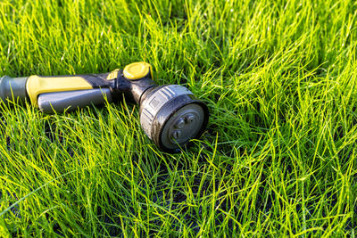 Close-up of camera on grass