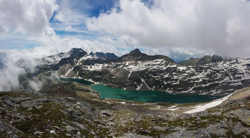 Panoramic view of snowcapped mountains against sky