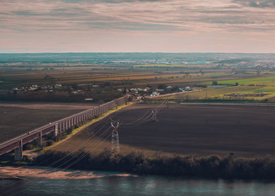 Aerial view of bridge over river against sky