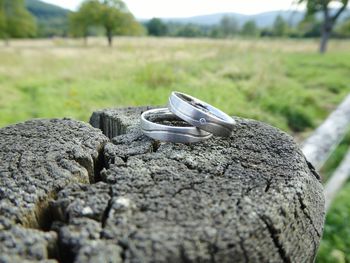 Close-up of metal on field