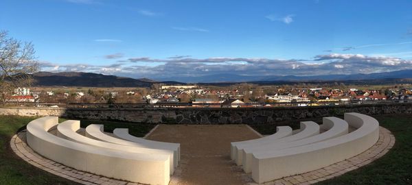 Panoramic view of buildings in city against sky