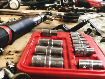 High angle view of vintage car on table