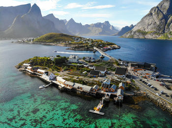 High angle view of boats in bay