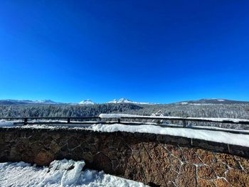 Scenic view of snowcapped mountains against clear blue sky