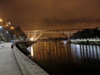 Illuminated bridge over river against sky at night