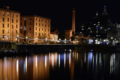 Reflection of buildings in city at night