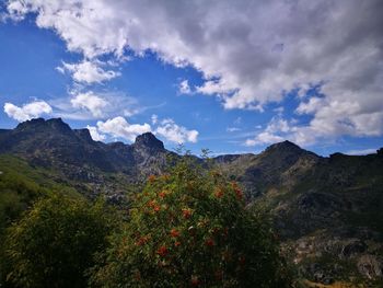 Scenic view of mountains against cloudy sky