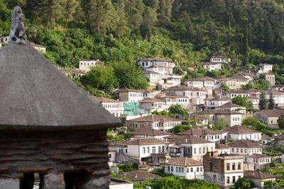 High angle view of buildings in town