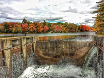 Scenic view of river against orange sky