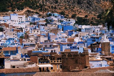 High angle view of buildings in city