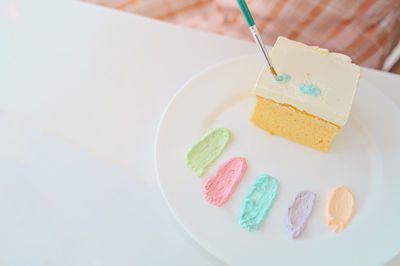 High angle view of cake in plate on table