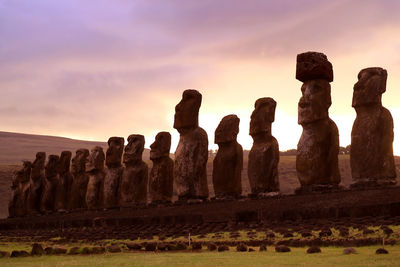 Massive 15 moai stone statues of ahu tongariki at fantastic dawn on easter island, chile