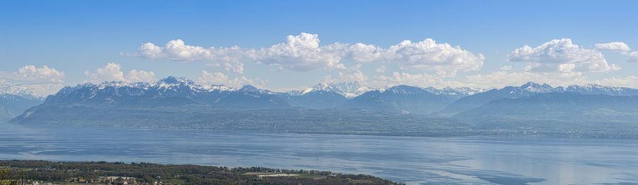 Scenic view of lake and mountains against sky