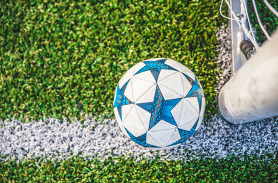 High angle view of soccer ball on field