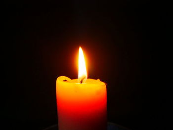 Close-up of burning candle against black background