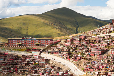 High angle shot of townscape against sky