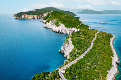 Aerial view of road on lefkada island