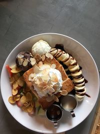 High angle view of breakfast served on table