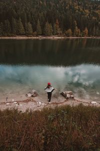 Rear view of young woman standing at lakeshore against trees in forest