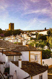 Houses in town against sky