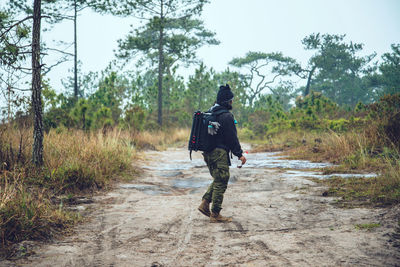 Rear view of backpacker walking on road in forest