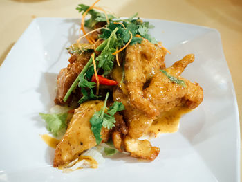 High angle view of food in plate on table