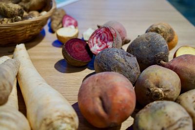 High angle view of fruits in basket on table